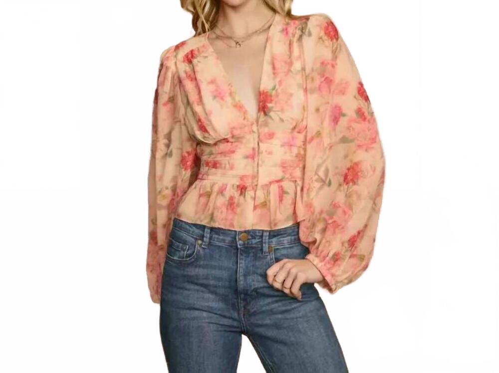 NEW DRESS FORUM pastel promise plunging raw hem blouse in romantic garden